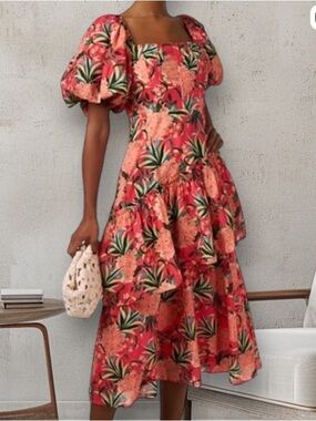 FARM Rio size large pineapple bloom midi dress pink green puff sleeve floral